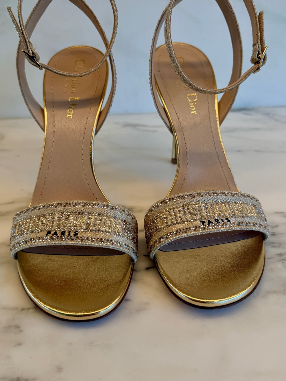 Christian Dior Gold Crystal Embellished Ankle-Strap Sandal. Worn once. - Picture 9 of 16